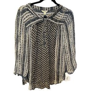 Lucky Brand 3/4 sleeve blouse 1X NWT sheer black and tan cloth buttons